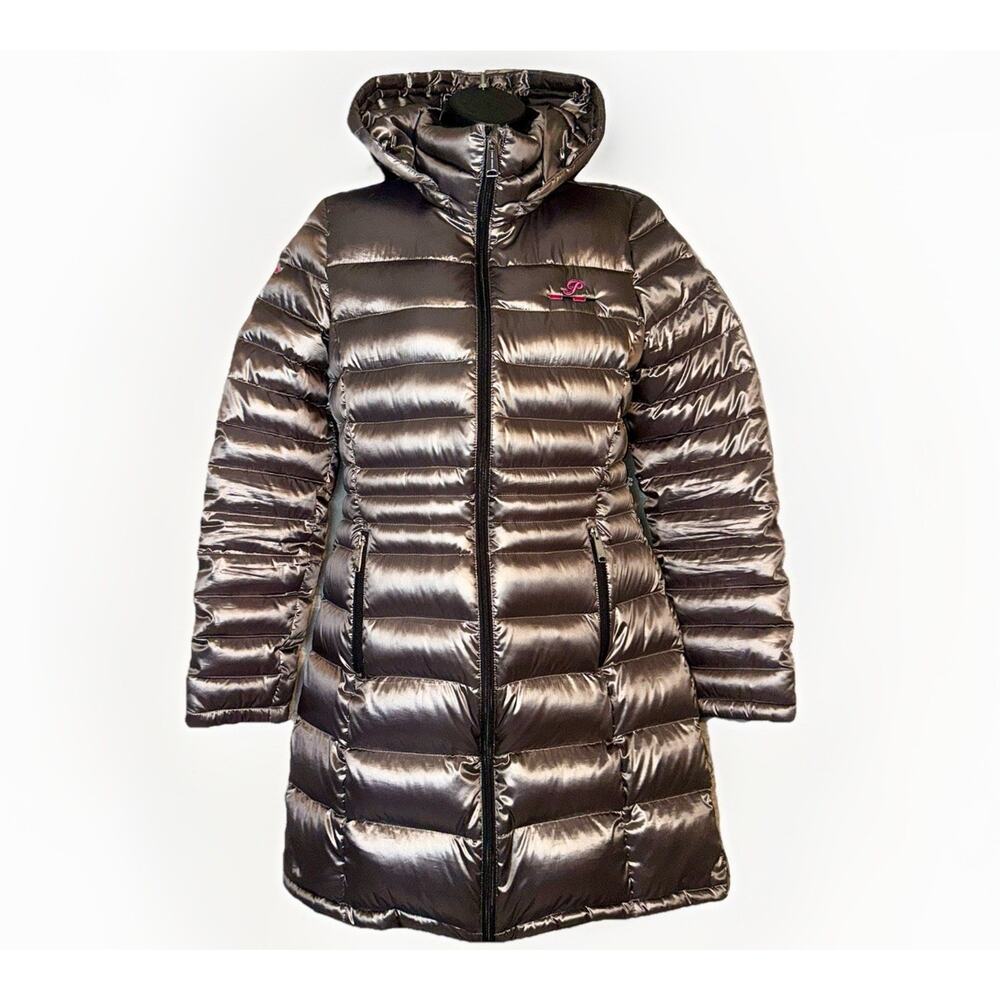 Andrew Marc SM Premium Down Quilted Puffer Silver Gray‎ Hooded Long Metal Jacket